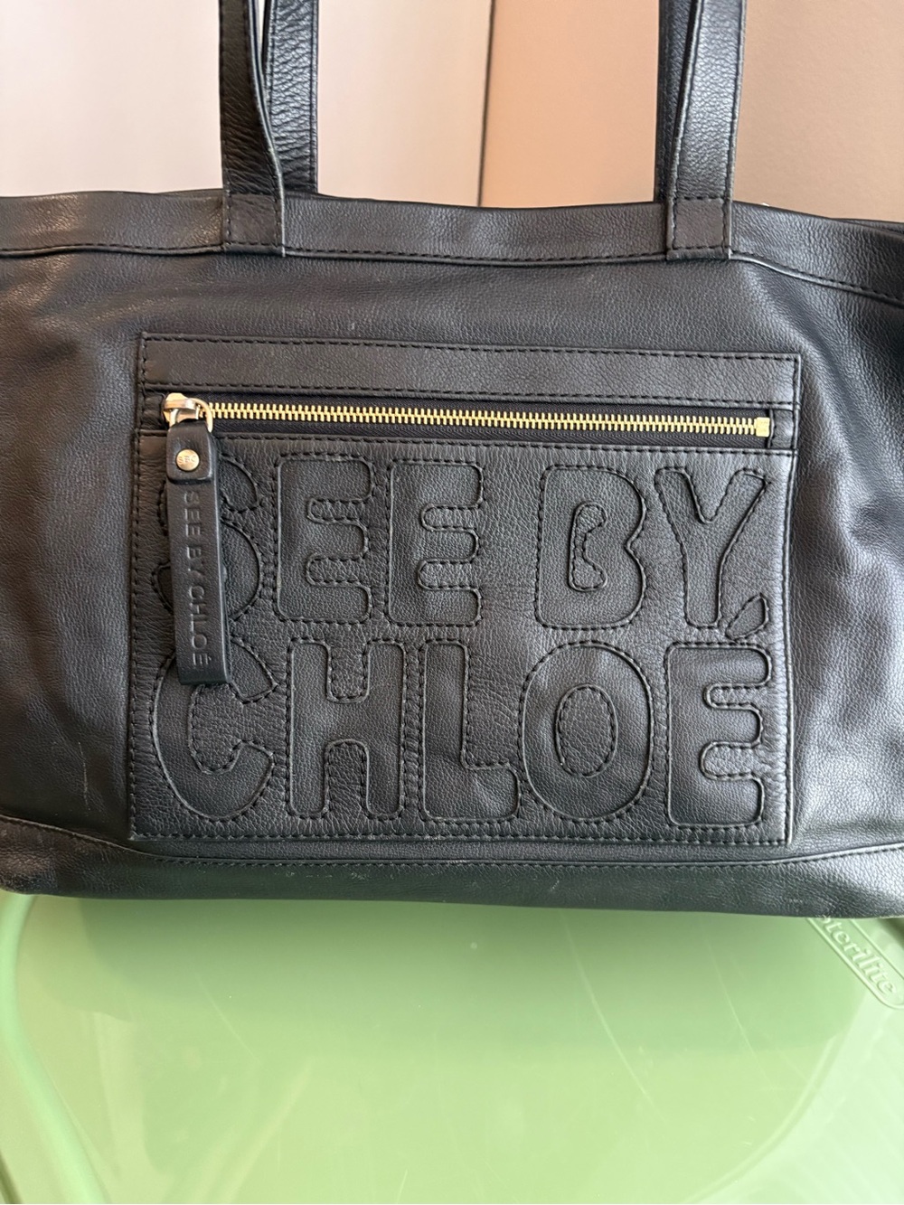 See by Chloé Black Leather Tote Bag Stitched Front Logo - Model 03-12-88-65 - Picture 3 of 17